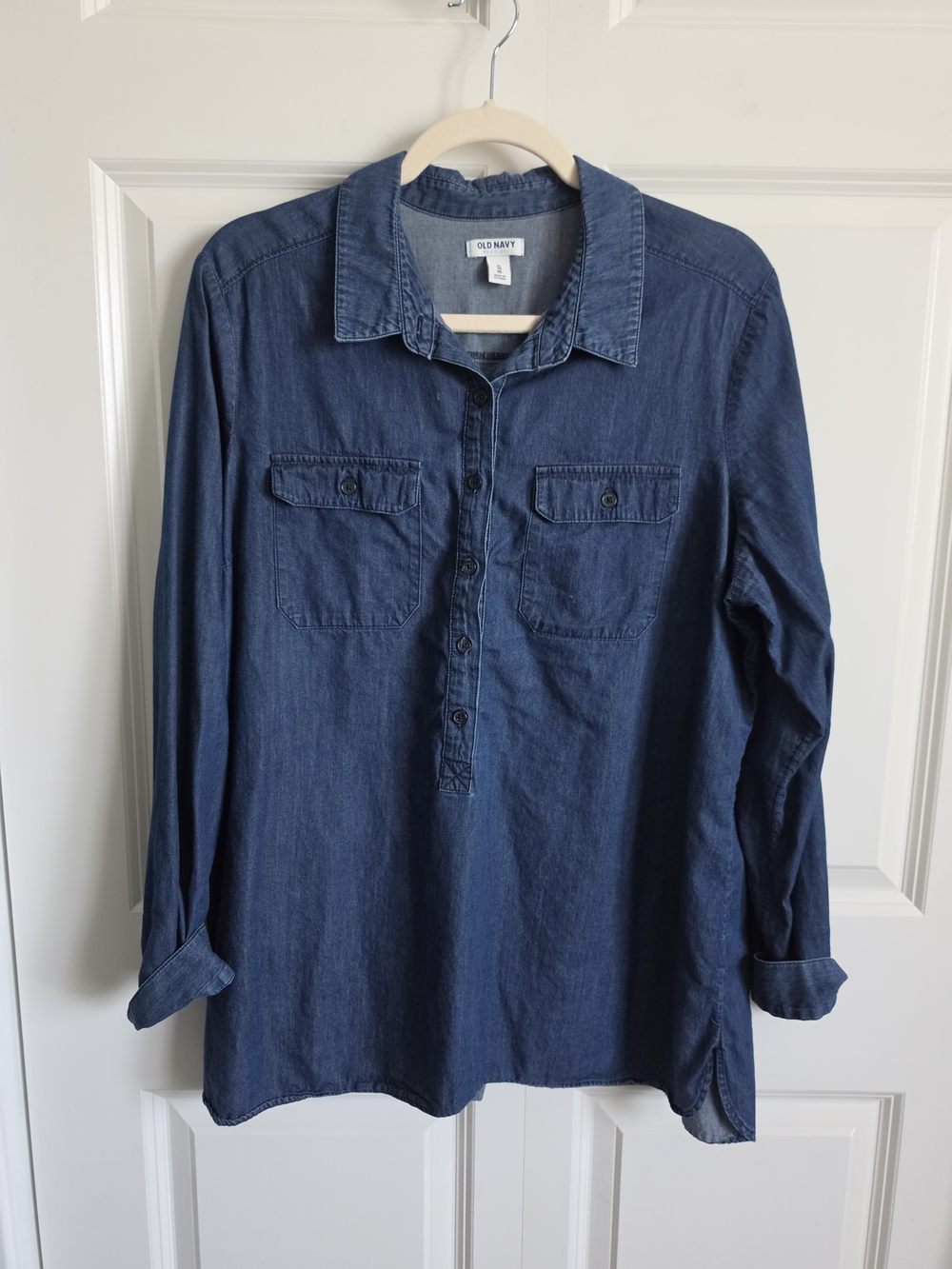 Old Navy Dark Denim Button-Pullover Shirt henley neck and long tunic length
